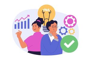 Teamwork concept in modern flat design for web. Man and woman brainstorming, analyzing business data, improving processes with innovation, developing business and achieving goals. illustration. vector