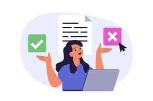 Online voting concept in modern flat design for web. Woman thinking, supporting and choosing her candidate in election list, making political decision in democratic survey form. illustration. vector