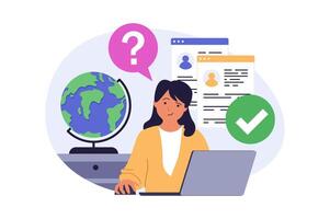 Recruitment concept in modern flat design for web. Woman searching candidates in company team, looking online resumes to vacancy, approving best recruits cv for job interview. illustration. vector