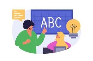 School learning concept in modern flat design for web. Teacher explaining new information at language lesson, girl student answering, pupil studying at class and brainstorming. illustration. vector