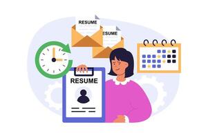 Recruitment concept in modern flat design for web. Woman finding job, sending online resume to vacancies, planning interview meetings in calendar, searching best work in company. illustration. vector