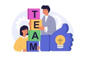 Teamwork concept in modern flat design for web. Man and woman working in team, developing business project, brainstorming and finding ideas, achieving goals, supporting partners. illustration. vector
