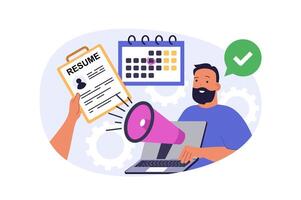Recruitment concept in modern flat design for web. Man with loudspeaker searching best candidate resumes, looking cv and approving applicants for job interview in company team. illustration. vector