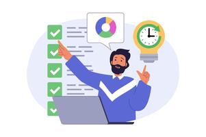 Time management concept in modern flat design for web. Man planning job with tasks schedule, organizing productivity workflow with control time and doing tasks to deadline. illustration. vector