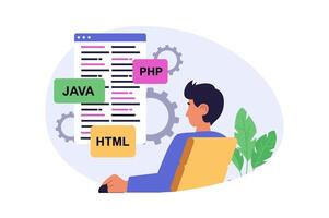 Programming concept in modern flat design for web. Man working with java, php and html computer languages at screen, creating software products and coding, developing new service. illustration. vector