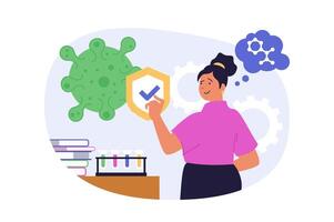 Science laboratory concept in modern flat design for web. Woman doing medical research at test tubes and studying virus and disease structure, developing vaccine at lab equipment. illustration. vector