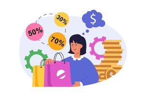 Shopping concept in modern flat design for web. Woman with bags making bargain purchases with special prices and discounts at promotion sales, paying orders and saving money. illustration. vector