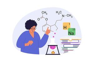 Science laboratory concept in modern flat design for web. Woman doing chemical research at test tubes and beaker, studying molecular structures and formulas at lab equipment. illustration. vector