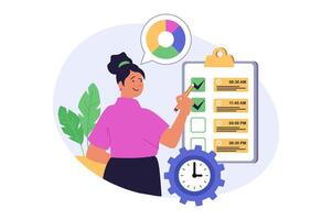 Time management concept in modern flat design for web. Woman using tasks schedule, ticking in list, planning job in calendar, organizing productivity workflow with deadlines. illustration. vector