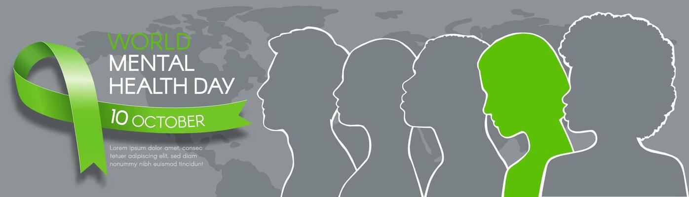 World Mental Health Day. Horizontal banner with green ribbon, space for text, and diverse people. flat illustration.
