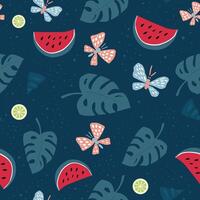 Seamless summer pattern with watermelons and monstera leaves. vector