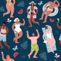 Summer beach party. Different people in swimsuits have fun. Seamless pattern for any design. vector