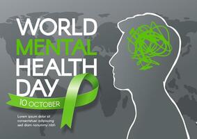 World Mental Health Day. Horizontal banner with green ribbon, a man's silhouette, and text. flat illustration. vector