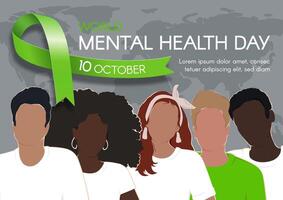 Mental Health Day. Horizontal poster with green ribbon, space for text, and diverse people. flat illustration. vector
