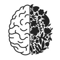 Mental health. A simple drawing of a brain half made of flowers. Modern black and white illustration. vector