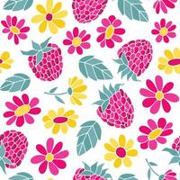 Seamless pattern of childish hand-drawn raspberry berries and flowers. Colorful bright illustration. vector