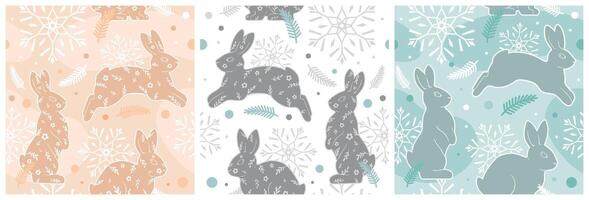 Set of Cute Christmas patterns. Graphic seamless pattern of rabbits and snowflakes. illustration for fabric, wallpaper, and wrapping paper. vector