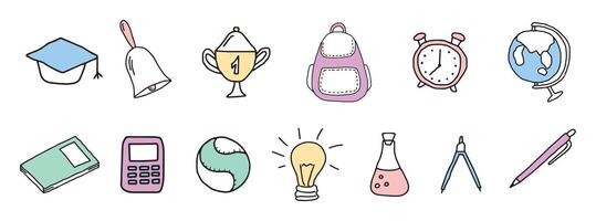 Set of hand-drawn back to school icons with bell, trophy, backpack, clock, globe, calculator, baseball, lightbulb, flask, compass, notebook isolated on a white background. Education, school supplies. vector