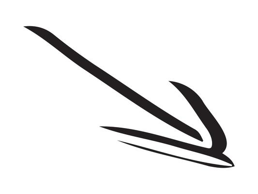 Hand-drawn straight volumetric black arrow isolated on a white background. Concept of direction, navigation, pointers, movement. Design element, sign. Doodle style, sketch