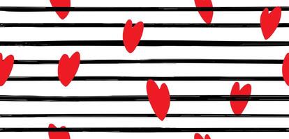 Seamless striped pattern with hand painted brush strokes and red hearts, white background. illustration. Template for wallpaper, web, fabric, textile, package design, wrap paper. vector