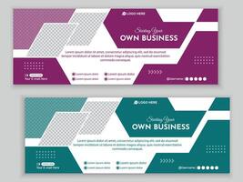 Two business cards with geometric shapes and a purple and green background vector