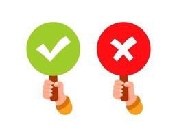 Hands holding right and wrong signs making decision vector