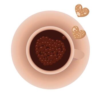 Beige cup of coffee with heart-shaped foam and a couple of cute heart cookies vector