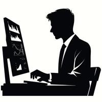 Silhouette of a man in a suit working on a computer vector