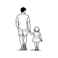 Back View of a Father and Daughter Walking Together In Simple Black And White Art Line Style vector