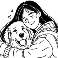 Smiling Companions Of A Girl and Happy Dog Simple Black and White Art Line Hand drawn Illustration vector