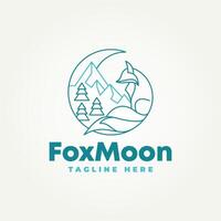 minimalist fox with crescent moon and mountain view line art icon logo illustration design. simple modern fox or wolf logo suitable for branding a business vector