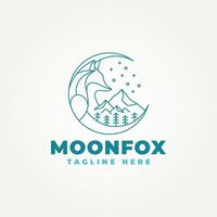 minimalist wolf or fox with crescent moon and mountain view line art icon logo illustration design. simple modern logo suitable for branding a business vector