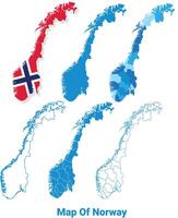 Norway Maps in different style political map flag outline illustration set vector