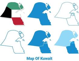 Kuwait Maps in different style political map flag outline illustration set vector