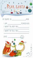 A letter for Santa Claus with lines to fill in wishes and data A snake and an owl look at each other vector