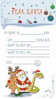 A letter for Santa Claus with lines to fill in wishes and data Santas reindeer and snake hug vector