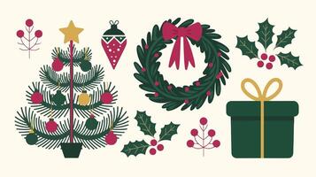 Set of holiday elements, wreath, tree, holly. For festive pattern design, textile, wrapping paper, classic holiday colors. vector