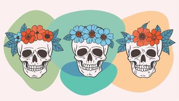 Day of the Dead skulls with flower crowns in boho retro style. Vibrant design, themed events, print vector