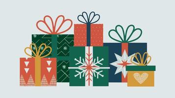 Presents wrapped in colorful paper with festive patterns for holiday cards, digital illustrations, festive textile pattern vector