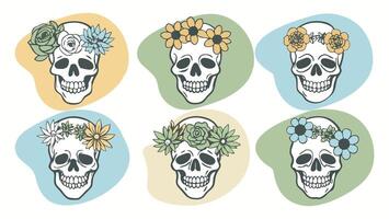 Set of six skulls in a boho style with floral crowns for bohemian-themed graphic design, digital art, home decor patterns vector