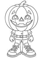 Easy-to-color line drawing of a Halloween pumpkin head character in a simple outfit vector