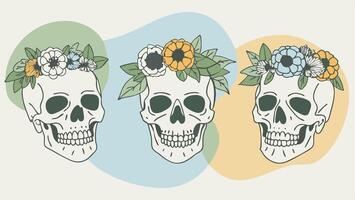 Skulls with floral crowns in soft pastel hues, for Day of the Dead-inspired patterns, event graphics vector