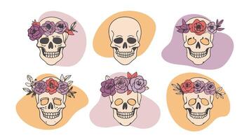 Boho skull collection with floral crowns. For web design, Day of the Dead and Halloween themes vector