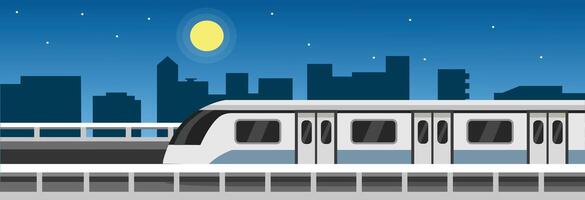 Train through the bridge at night. Railway in the city at night vector