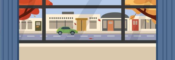 Building view from window. Autumn window. Car through in front of house. Window with view. Window with curtain and outside home view. Building store. Street in front of house. Fall season. vector