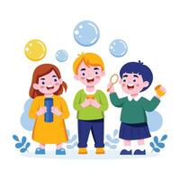Kids blowing bubbles, a flat style illustration vector