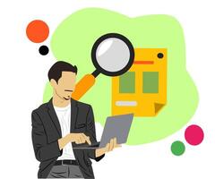 Man using laptop with magnifying glass vector