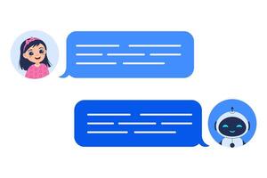 Chatbot concept showing conversation between girl and robot in messenger. illustration for AI communication designs, tech interfaces, and digital assistance projects vector