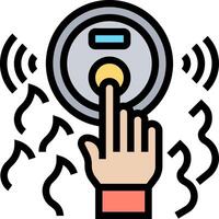 A hand pressing a button on a microwave vector
