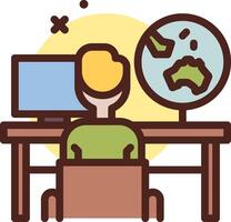 A person sitting at a desk with a globe on the screen vector